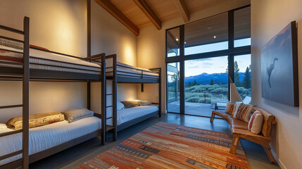 Kid bedroom in modern design home with double bunk beds.