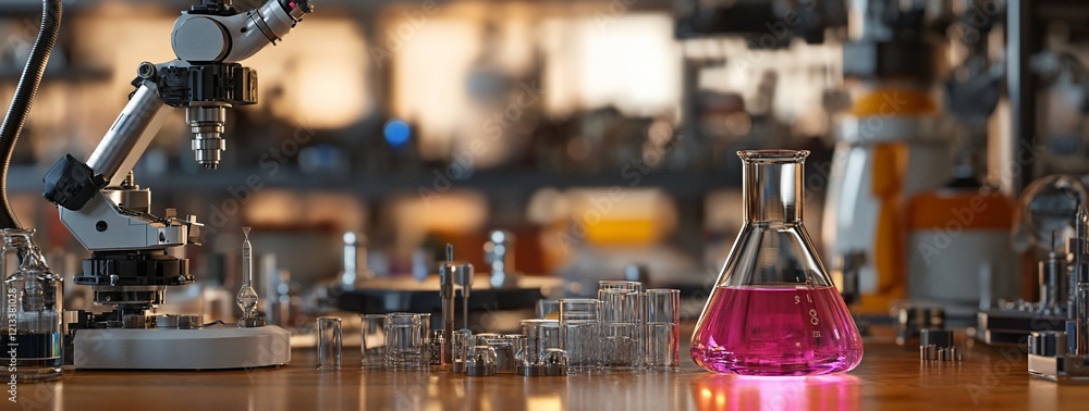 Poster pink liquid in erlenmeyer flask on lab table with microscope and equipment.