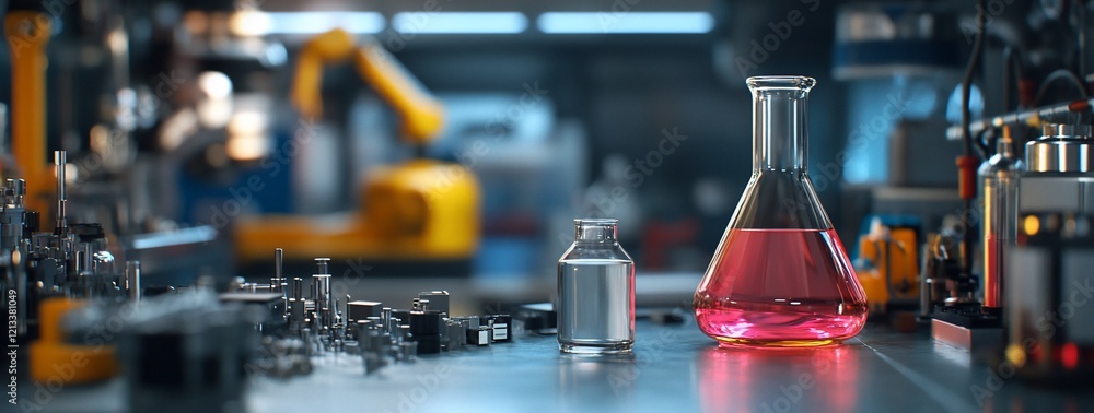 Aufkleber pink liquid in flask and vial on lab table with blurred robotic arm background.