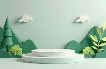 3D rendering round stage with flowers and trees beside, clouds and papercut style yellow mountains on light blue background