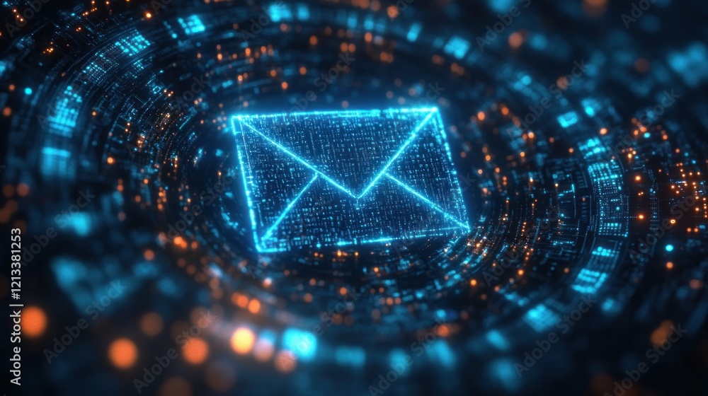Aufkleber glowing blue envelope with abstract data streams symbolizing electronic communication in a futuristi