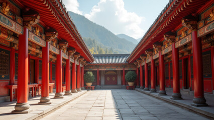 Serene Chinese Temple Courtyard, Red Lanterns - Zen/Mindfulness