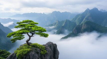 Solitary Tree on Mountain Peak: A lone, vibrant green tree stands defiantly atop a rocky precipice, overlooking a breathtaking expanse of misty mountains. The scene evokes serenity and resilience. 