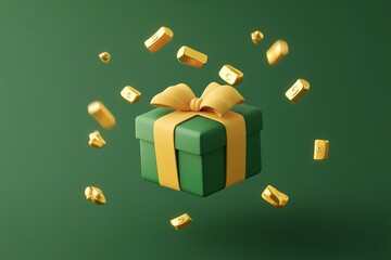 Green gift box with gold bars falling around it on green background.