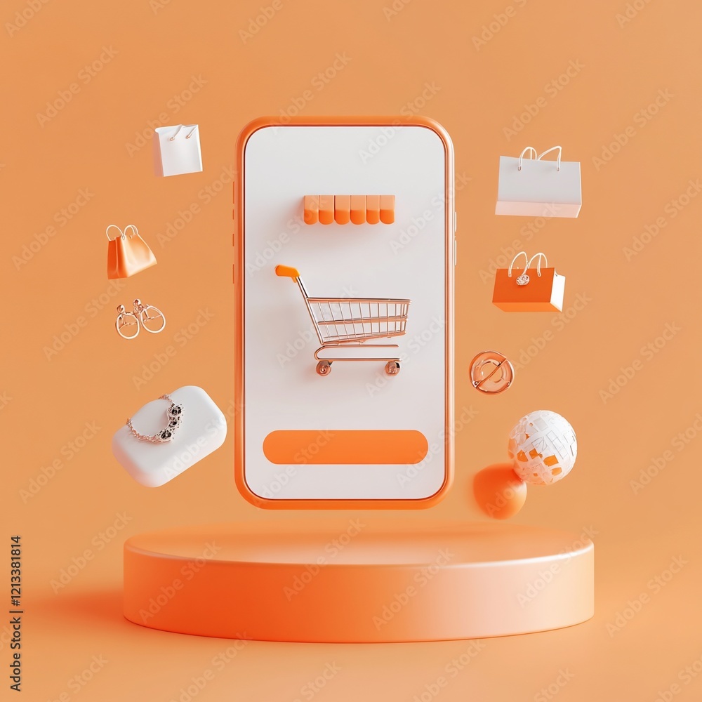 Poster mobile phone shopping app with floating shopping cart and items on orange background.