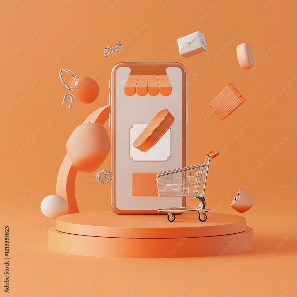 Poster online shopping app interface on a smartphone with a shopping cart and floating items on an orange p