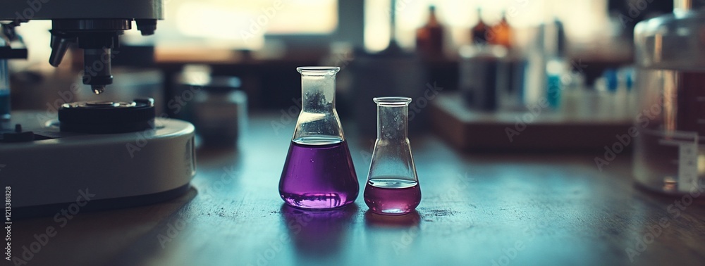 Poster two erlenmeyer flasks with purple liquid on a lab table near a microscope.