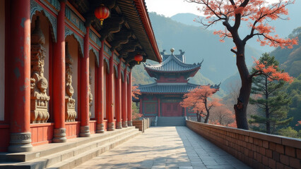 Serene Chinese Temple Pathway, Mountain View - Authentic travel pho.