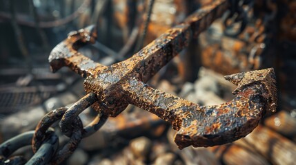 Anchor: A large, metal tool used to moor ships, equipped with sharp flukes to penetrate the seabed and prevent drifting in strong currents.

