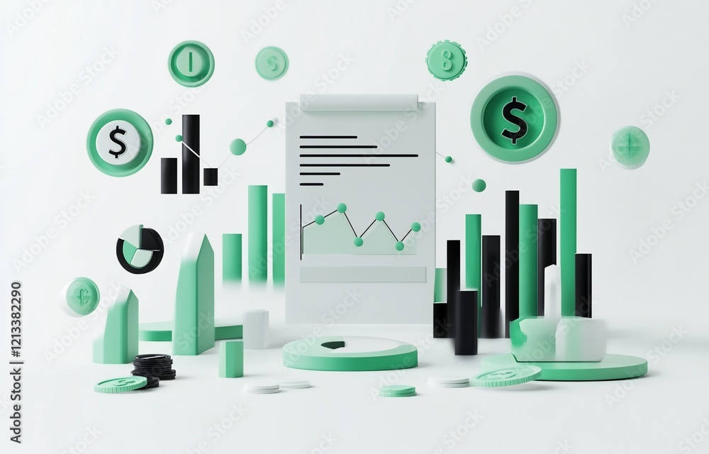 Aufkleber 3d rendering of financial data visualization with charts, graphs, and currency symbols.