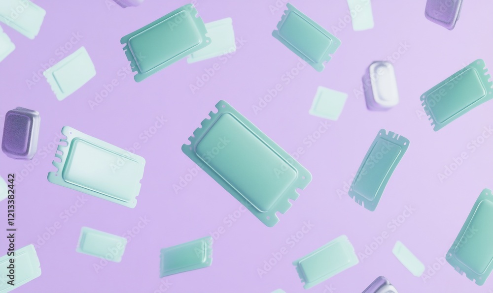 Poster pastel-colored rectangular objects floating on a lavender background.
