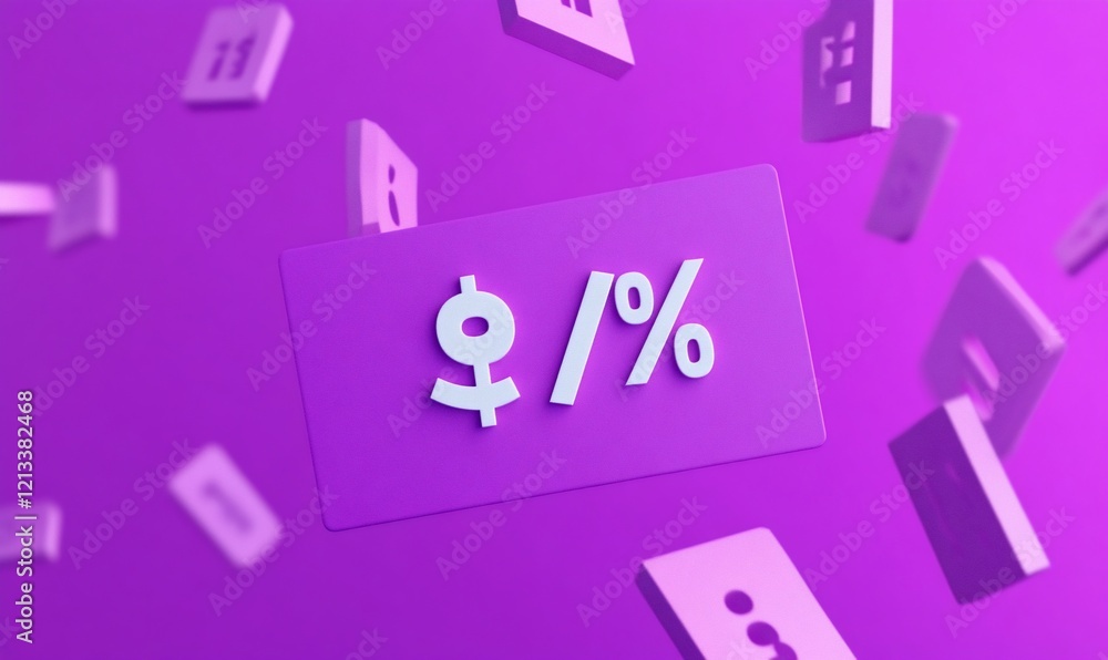 Poster purple background with floating symbols showing percentage and currency.
