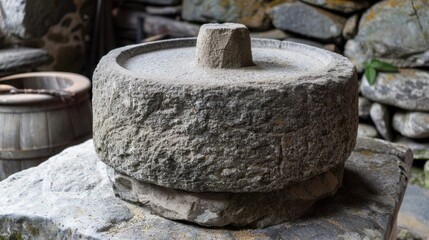 Naklejka premium Stone Grinding Wheel: A solid, heavy tool used in ancient mills, where it ground grains into flour, essential for food production in historical societies. 