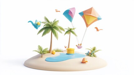 Colorful kites fly over a tropical island scene with palm trees, a small pond, and a treasure chest.