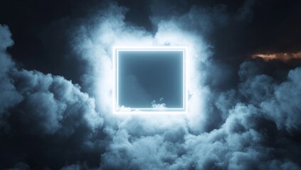 Glowing neon square frame in dark cloudy sky. (2)