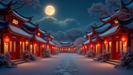 Snowy Chinese Village at Night, Moonlit - Winter wonderlands