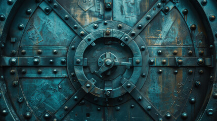Naklejka premium Steel Vault Door: A security door made of reinforced steel, typically found in banks or military sites, providing unparalleled protection and secure access to valuable assets. 
