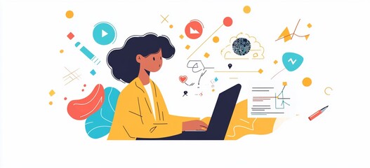 Woman working on laptop, surrounded by colorful creative ideas and data.