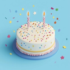 Festive birthday cake with two lit candles, colorful sprinkles, and confetti on a light blue background.