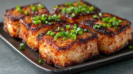 Pan-fried tofu cubes, seasoned, garnished with chives, on dark plate. Food photography for recipe blogs