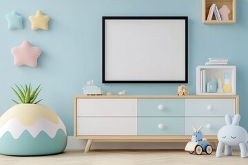 Child's room with pastel furniture, blank frame, toys.