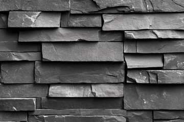 Black and white shot of a stacked slate stone wall. Perfect for backgrounds or textures needing a rugged, modern feel.