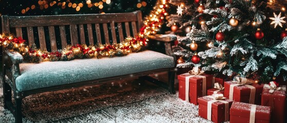 Naklejka premium Festive Christmas Scene Snowy Bench Decorated Tree Gifts