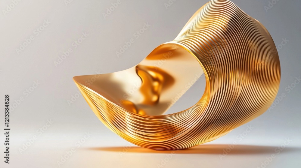 Poster elegant golden metallic sculpture with swirling curves and loops in minimalist studio setting