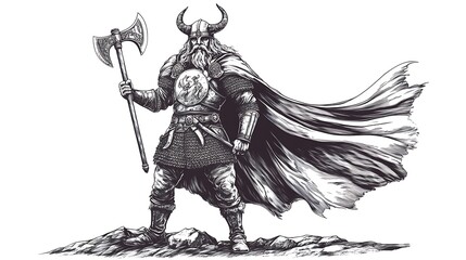 Viking warrior with horned helmet and billowing cape standing tall with battle axe in hand scratch board black and white engraving style
