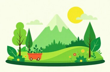 Obraz premium Spring landscape with trees, mountains, fields, leaves. illustration in flat style.