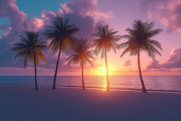 A peaceful beach scene with leaning palm trees framing a colorful sunset over calm ocean waves