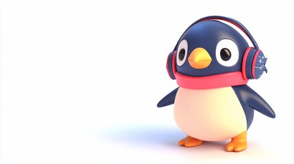Fototapeta premium Cute cartoon penguin wearing headphones and scarf.