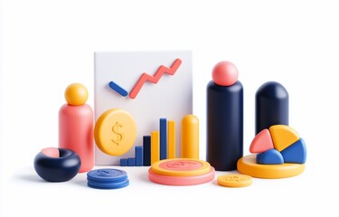 3D rendered colorful financial growth charts, graphs, and coins.