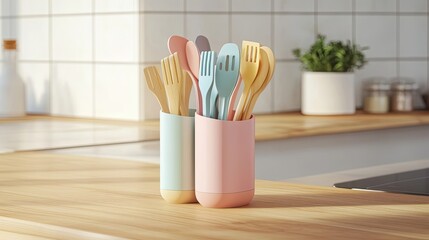 Obraz premium Pastel Kitchen Utensils In Modern Holder