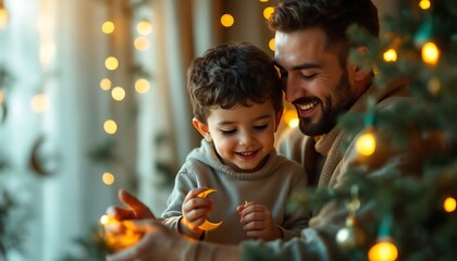 Father and Son Decorating Christmas Tree Festive Holiday Cheer
