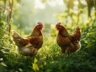 Fototapeta premium Peaceful Coexistence: Chickens and Ducks Amidst Nature's Beauty