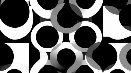 A bold graphic seamless pattern consisting of overlapping black and white circles and squares, creating an optical illusion effect, suitable for contemporary fashion or packaging.