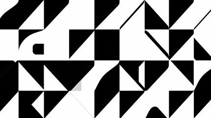 A bold graphic seamless pattern featuring abstract shapes in bold black and white, rendered in a stark, minimalist style, with a dynamic layout emphasizing diagonals and geometric form.