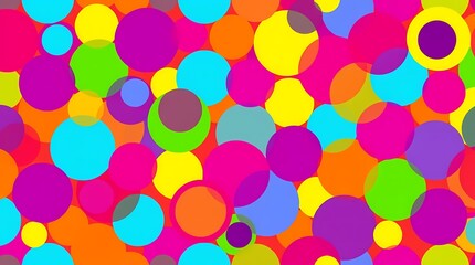 A bold seamless pattern featuring a dynamic collage of overlapping circles in a spectrum of neon colors, rendered in a pop art style with thick outlines and a high level of saturation,.
