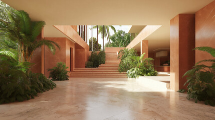 Fototapeta premium Tropical Courtyard Oasis: A sun-drenched courtyard, nestled within a terracotta-toned architectural marvel, showcases lush tropical plants framing a cascading stone staircase.