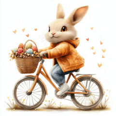 Cartoon of a cheerful bunny riding a bike with a basket of colorful Easter eggs, wearing an orange jacket, surrounded by heart accents on a white background, perfect for spring designs