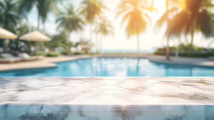 Fototapeta premium Marble Surface with Blurred Background of Swimming Pool and Palm Trees