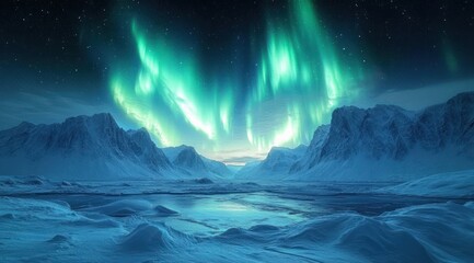 Fototapeta premium Arctic Landscape with Northern Lights and Snow-Covered Mountains Icebergs Tundra Night Sky