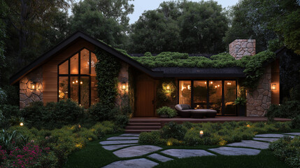 Cozy Cabin Retreat: A charming cabin nestled amidst lush greenery, illuminated by warm, inviting lights, inviting you to escape the everyday and unwind in serene tranquility.