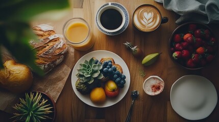 Overhead Coffee, Fruit, & Bread Breakfast Table