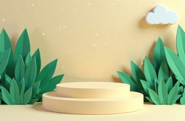 3D rendering round stage with flowers and trees beside, clouds and papercut style yellow mountains on light blue background