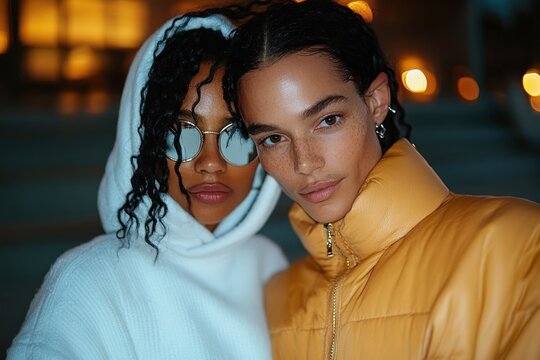 Middle Eastern celebrity woman in sunglasses and trendy jacket walking with male partner at night in urban street - Powered by Adobe