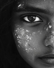 Young girl adorned with vibrant Holi powders