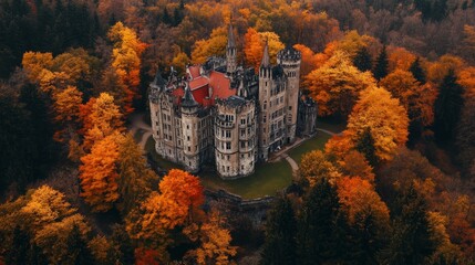 Naklejka premium Medieval castle with autumn foliage in realistic drone view
