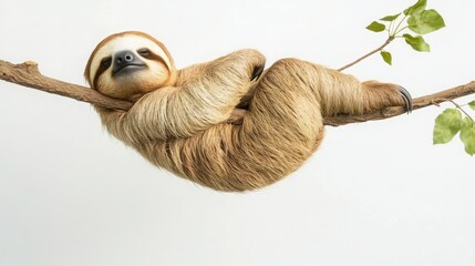 A fluffy brown sloth sleeps peacefully on a tree branch against a white background.